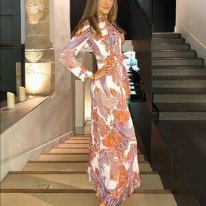 Zara Paisley Print Dress Maxi Long Duster Pink Button Down Small